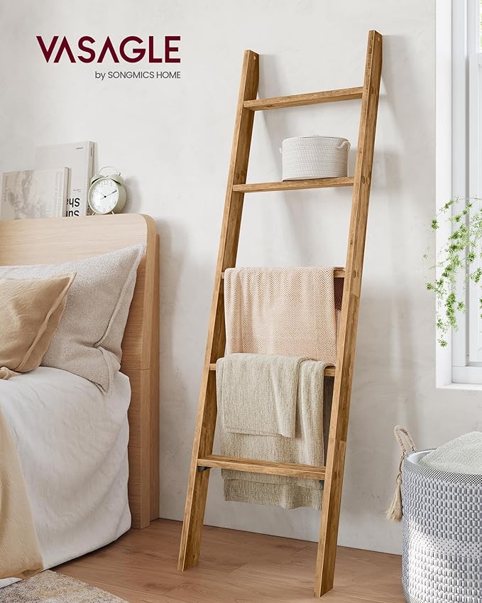 VASAGLE Blanket Ladder Decorative Farmhouse for The Living Room, 5-Tier Ladder Shelf, Ladder Rack for Storage and Decor, Hone