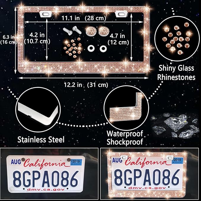 NBTEPEM 27 PCs Gold Champagne Bling Car Accessories Set for Women, Steering Wheel Covers Universal Fit 15 Inch, Bling License Plate Frame, Bling Phone Holder, Bling Car Coasters