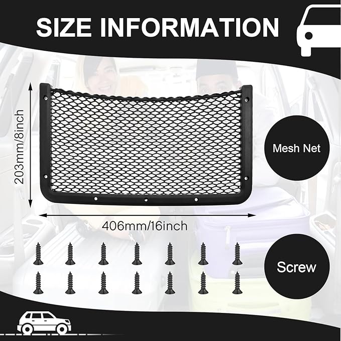 Frienda 2 Pcs Car Storage Net Bag, ABS Plastic Framed Mesh Net Holder, Phone & Cargo Organizer with Screws for Auto, Rv, Boat, Truck Pocket Storage (16 x 8 Inch)