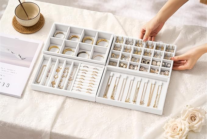 Velvet Jewelry Drawer Organizer Trays – White Stackable Jewelry Storage Inserts Set, 4-Layer Jewelry Tray Set for Earrings, R
