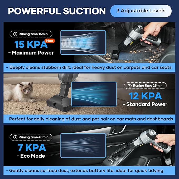 Mini Vacuum Cleaner, 3 in 1 Car Vacuum Cleaner High Power, 15000PA Powerful Suction, Air Duster, 7500mAh, Dual Filter,Adjusta