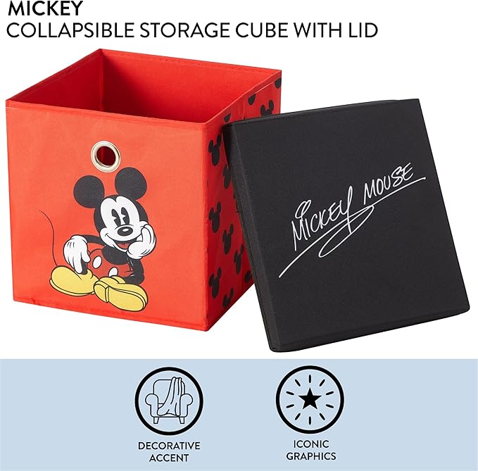 Idea Nuova Disney Mickey Mouse Collapsible Fabric Storage Cube,10” Organizer Bin with Lid for Bedroom, Playroom, and Closet