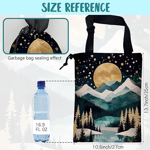 Car Trash Bag Golden Moon Snowy Mountains Hanging Drawstring Car Organizer and Storage Bag with Adjustable Buckle Canvas Garbage Bin for Back Seat or Hanging Headrest Car Decor