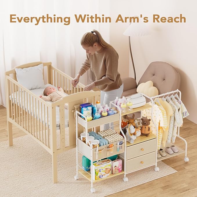 BBLIKE Diaper Caddy Organizer with Hanging Rack - 3 Tier Rolling Utility Cart with Drawers and Dividers for Baby Bottle Stora
