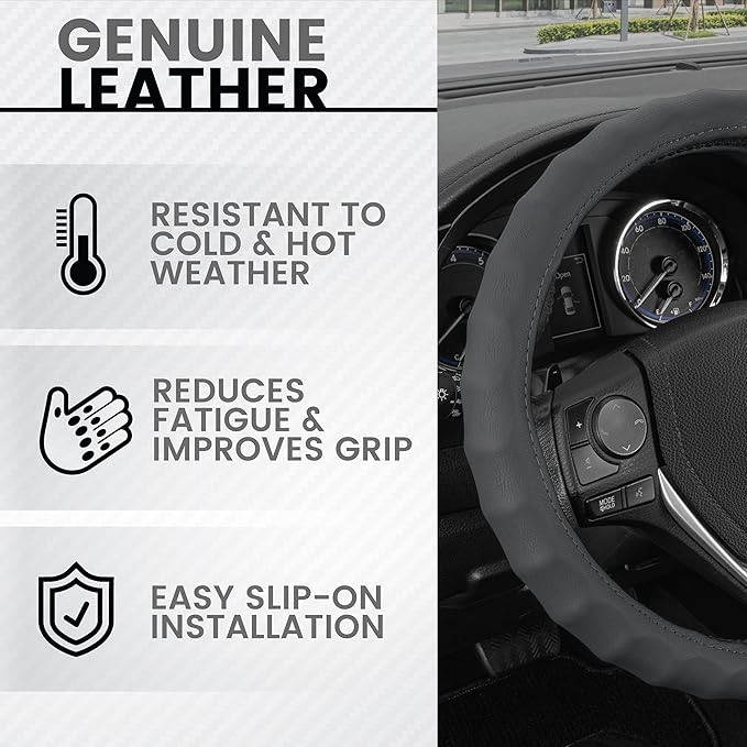 BDK Genuine Gray Leather Steering Wheel Cover for Car, Medium (14.5" - 15.5") – Ergonomic Comfort Grip for Men & Women, Unive
