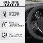 BDK Genuine Gray Leather Steering Wheel Cover for Car, Small 13.5-14 inch – Ergonomic Comfort Grip for Men & Women, Car Steer