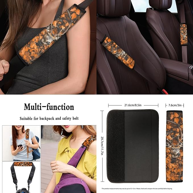 Deer 13 Pcs Auto Seat Cover Sets Steering Wheel Cover Seatbelt Pad Camo Hunting Forest Armrest Cover Pad Cup Holders Keychain Chapstick Holder for SUV Van Sedan Truck