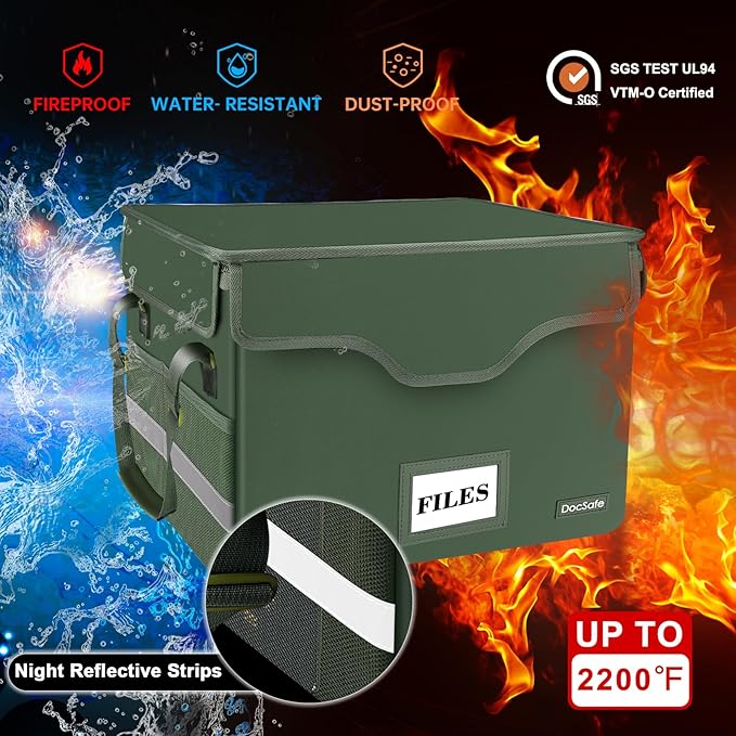 DocSafe Fireproof Document Box with Lock,File Storage Organizer with Pockets,Collapsible Portable File Box Home Office Safe F