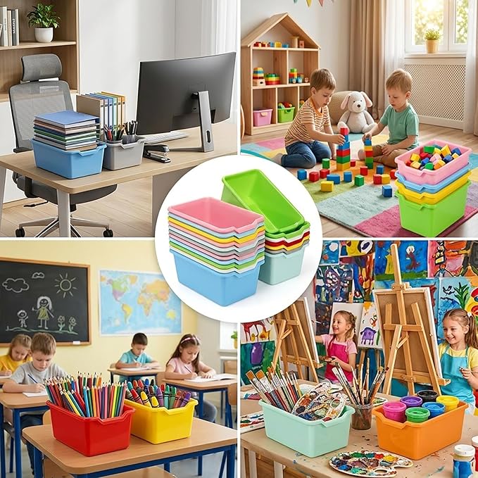WUWEOT 16 Pack Cubby Bins Classroom Toys Bins, Plastic Books Storage Bins, Easy-to-Grip Stackable Crafts Organizer for Classr