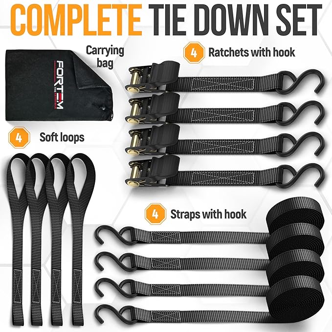 FORTEM Ratchet Straps, Tie Down Strap Set 1650lb Break Strength, 4 Pack 15ft x 1in, 4 Soft Loops, Moving Straps Tie Downs, Cargo Cam Buckles for Trucks, Carry Bag, for Men