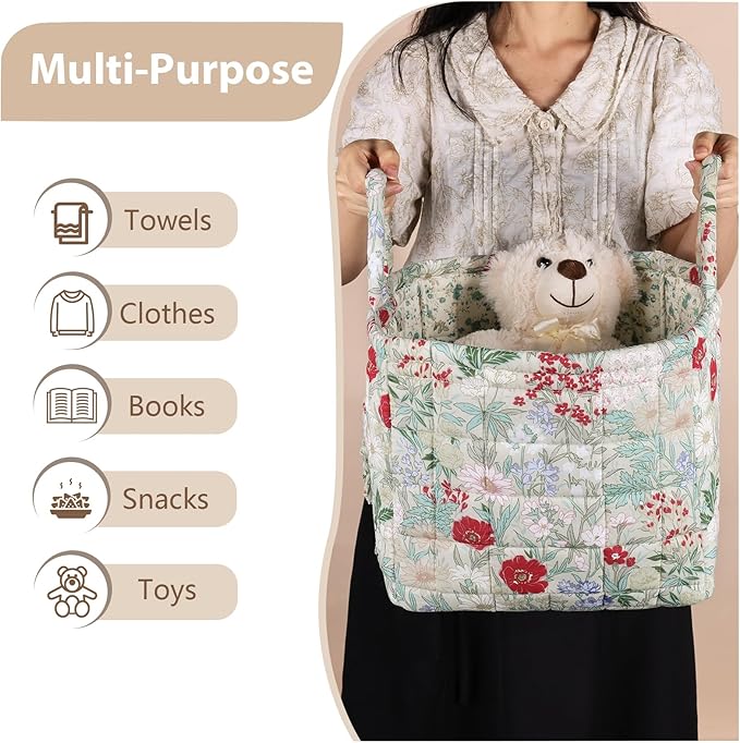 Storage Basket Boho Fabric Large Collapsible Floral Laundry Nursery Hamper Portable Folding Storage for Clothes Toys (Light G