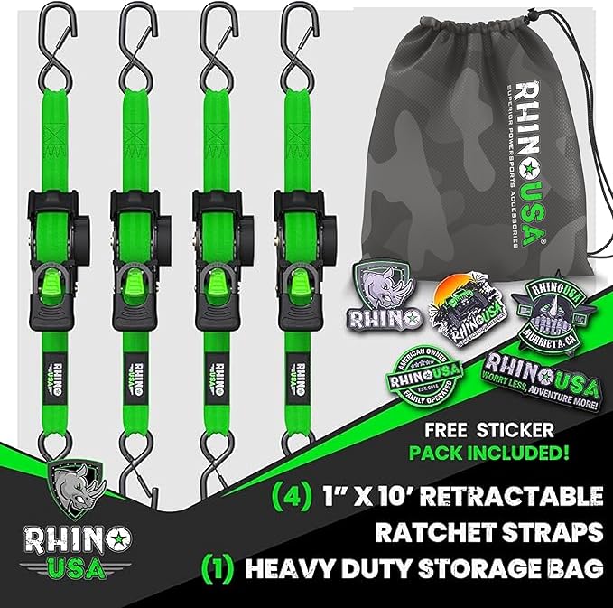 Rhino USA Retractable Ratchet Straps (4-Pack) - 1 Inch x 10 Feet (1,209lb Break Strength) - Auto Self Retracting Tie Down Straps for Truck, Cargo Trailer, Motorcycle, ATV, UTV - Green