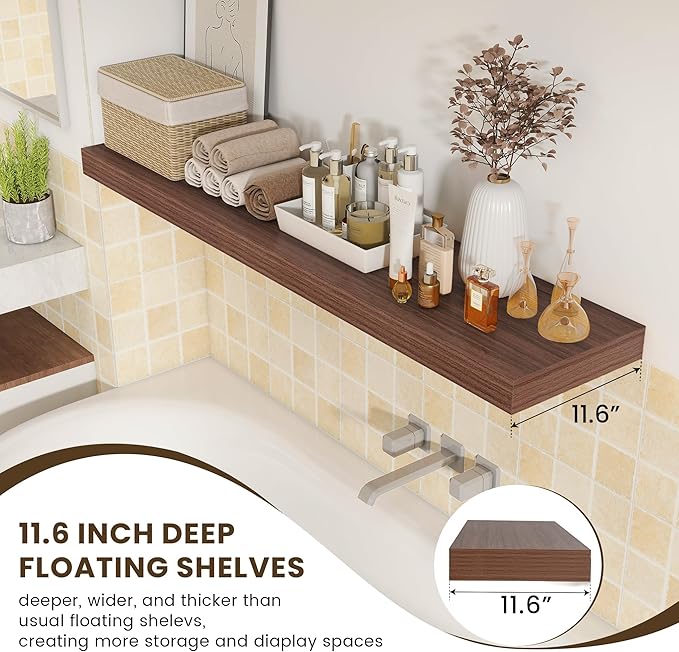 12 Inch Deep Floating Shelves | 55 Inch Walnut Floating Shelves | 55" W x 12" D Rustic Wood Shelves for Wall | Deep Walnut Sh