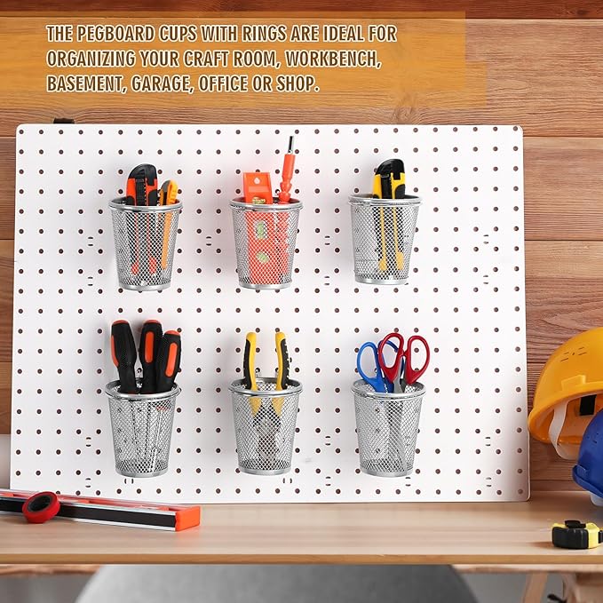 Spakon 6 Sets Pegboard Cups with Ring Hook, Peg Board Baskets Bin Holder Organizer Accessories Pegboard Pencil Cup Multipurpo