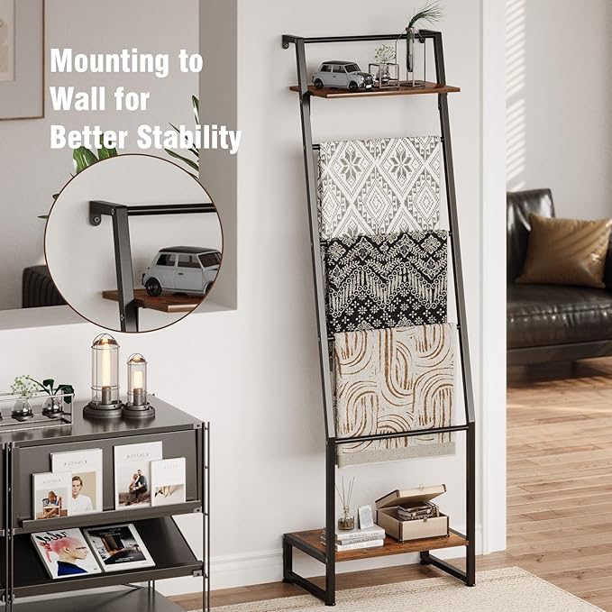 Nuoex Blanket Ladder with Shelf, 6 Layer Wall-Leaning Blanket Rack, Farmhouse Blanket Shelf for Storage and Home Decor, Frees
