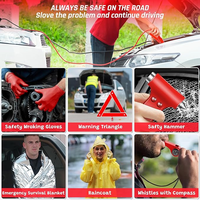298PCS Roadside Emergency Car Kit- Car Emergency Kit with Jumper Cables, Roadside Emergency Kit for Vehicles, Emergency Car K