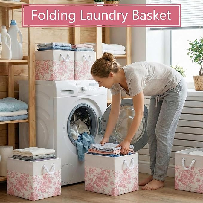 LemonRoad 6 Pcs Pink Floral Cube Storage Bins 11.22 Inch Square Storage Basket with Handle, Preppy Girls Organizer Basket, Co