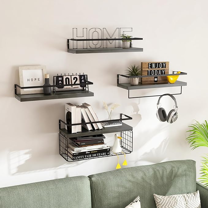Black Wood Floating Shelves Wall Mounted - 3+1 Tier Rustic Bathroom Wall Shelves Over Toilet with Wire Storage Basket and Tow
