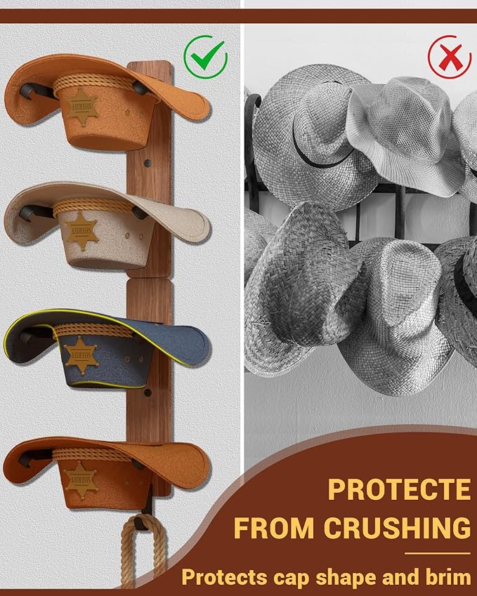 Midukit Cowboy Hat Rack for Wall, Cowboy Hat Holder for 4 with Hooks,Wooden Rustic Metal Hanger for Wall with Pine Board,West