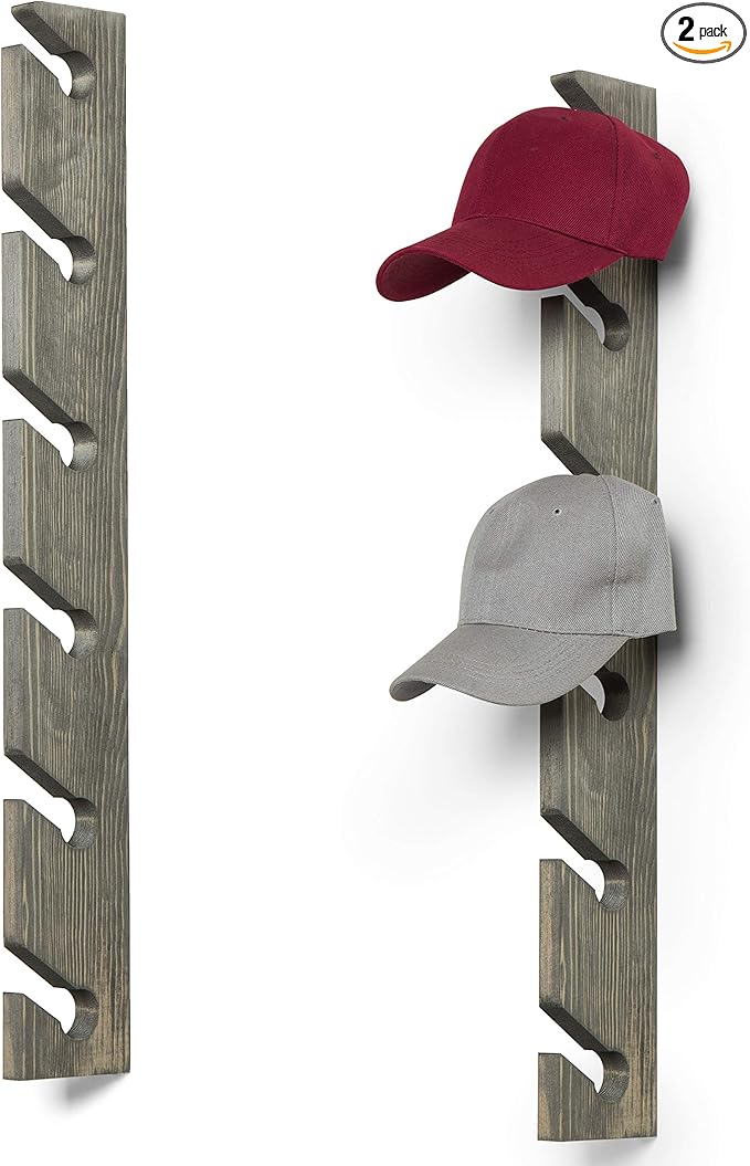 MyGift 2 Pcs Wooden Hat Rack Wall Mounted, Baseball Caps Holder Hanger, Vetical Hat Organizer, 30 Inch, 6x2 Slots, Vintage Gr