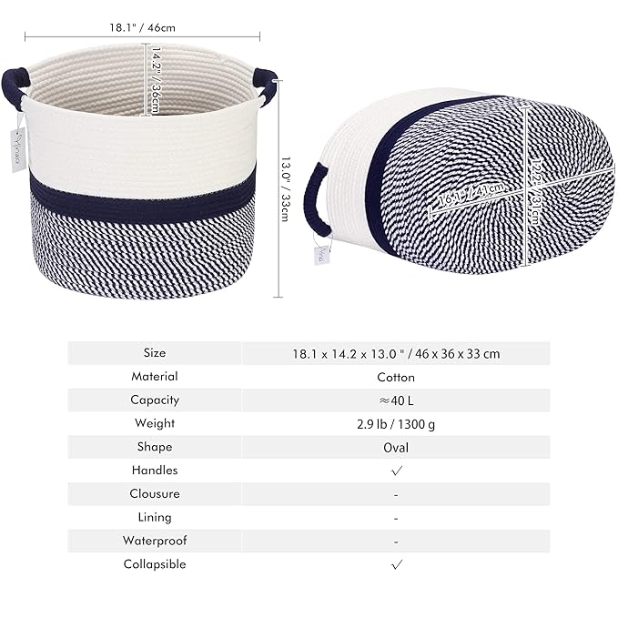 Hinwo Oval Cotton Rope Storage Basket Collapsible Nursery Storage Box Container Organizer with Handles, 16 x 13 inches, Off W