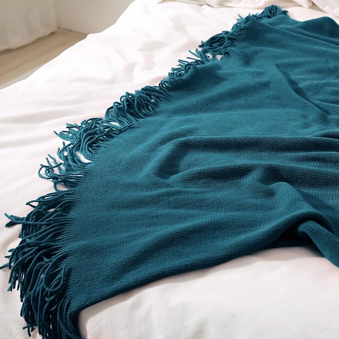 Homiest Decorative Knitted Throw with Fringe, Lightweight Acrylic Knit Blanket, Soft & Cozy Tassel Blanket for Couch, Sofa, B