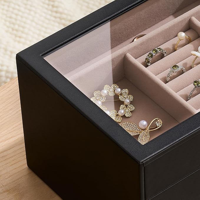 pickpiff Jewelry Box Organizer Case for Women: 3-Layer Jewelry Storage Case with Glass Window, Black Leather with Blush Velve
