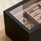 pickpiff Jewelry Box Organizer Case for Women: 3-Layer Jewelry Storage Case with Glass Window, Black Leather with Blush Velve