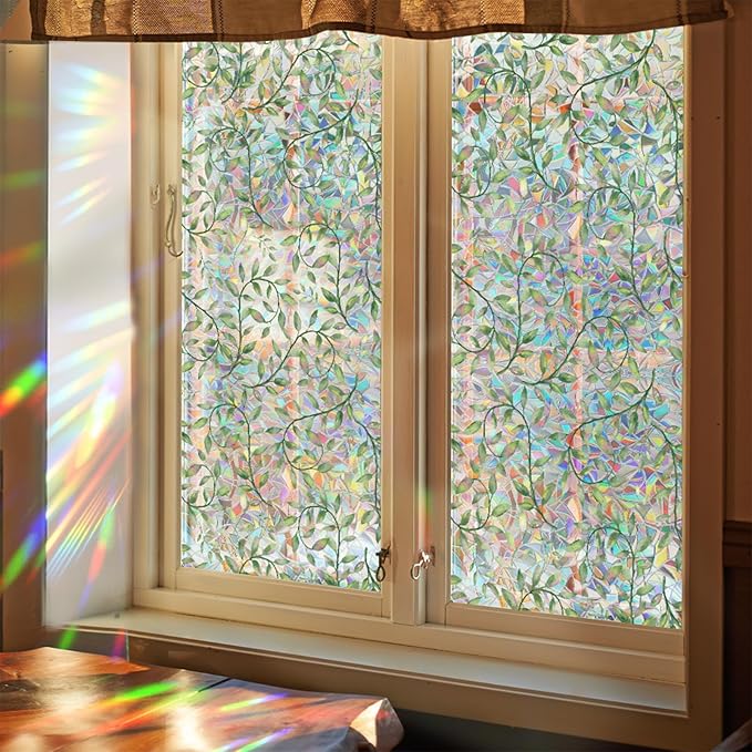 Niviy Leaf Rainbow Window Film, Stained Glass Window Film Glass Decals Static Cling Stickers, Windows Tint for Home Bathroom (16.93 x 39.37inch)