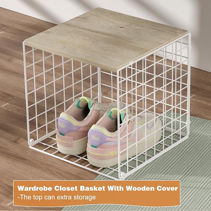 3PCS Stackable Closet Organizers and Storage, Closet Shelves with Wood Top Extra Storage, Clothes Storage Organizer Basket Bi