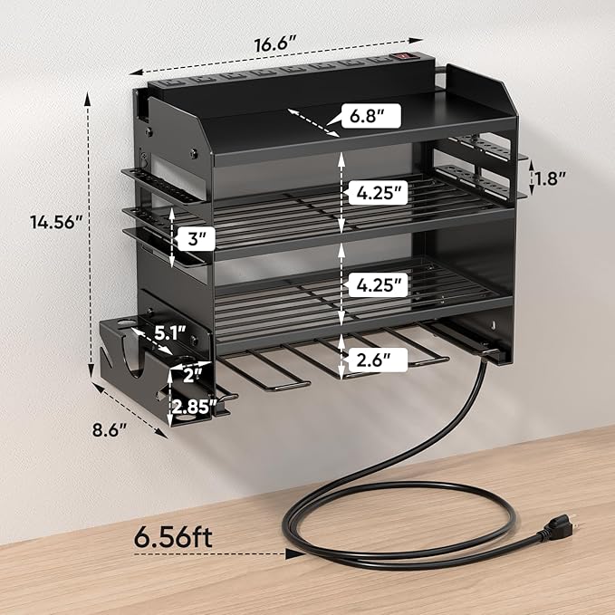 POKIPO Power Tool Organizer Wall Mount with Charging Station,Tool Storage Rack with 8 Outlet Power Strip,Heavy Duty Metal Bat