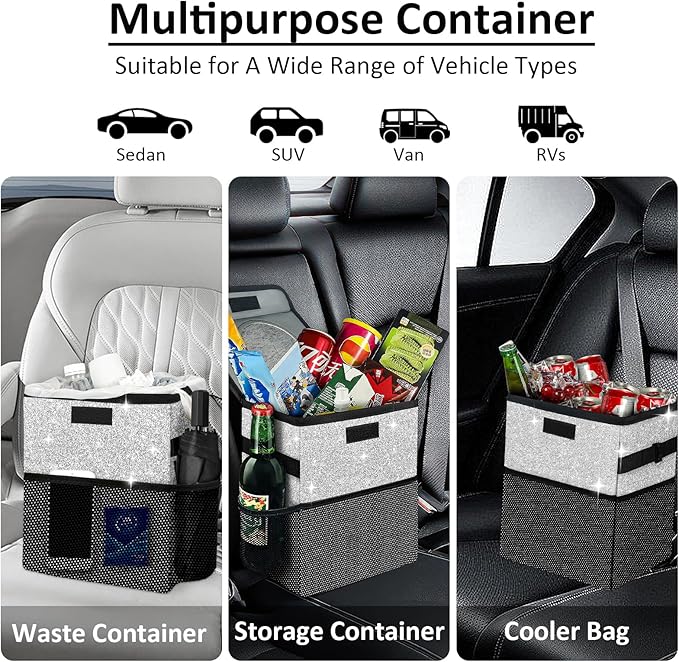 Cute Mini Car Trash Bag with Lid, Glitter Garbage Can Bin Hanging for Back/Front Seat/Console, Waterproof, Leakproof, 2.5 Gallon, Silver Bling Sparkly