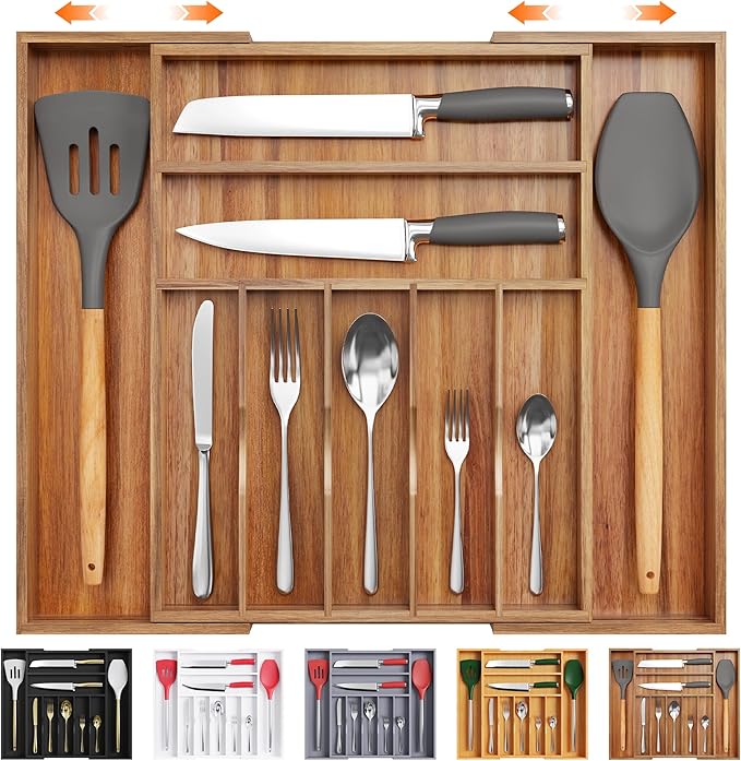 Bellsal Large Premium Acacia Wood Silverware Organizer - Expandable Utensil Drawer Organizer - 17"x19.6" Utensil Holder and C