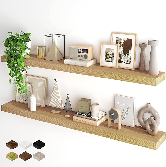 Fun Memories Floating Shelves for Wall, 55Inch Floating Shelves Set of 2, Hanging Shelf with Invisible Brackets, Wood Shelves