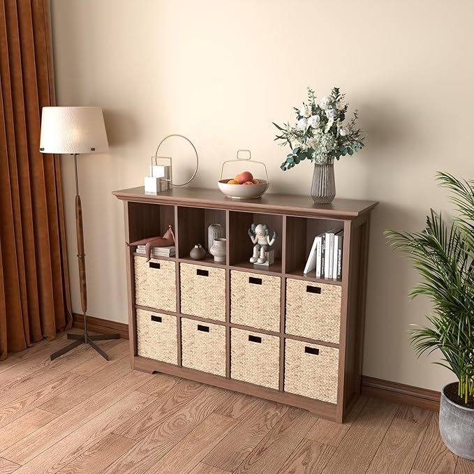 OSCHF Cube Shelf Bookcase with Base - Wooden 3 Tiers Floor Standing Low Storage Cabinet for Home and Office, 12-Cube Lattice 