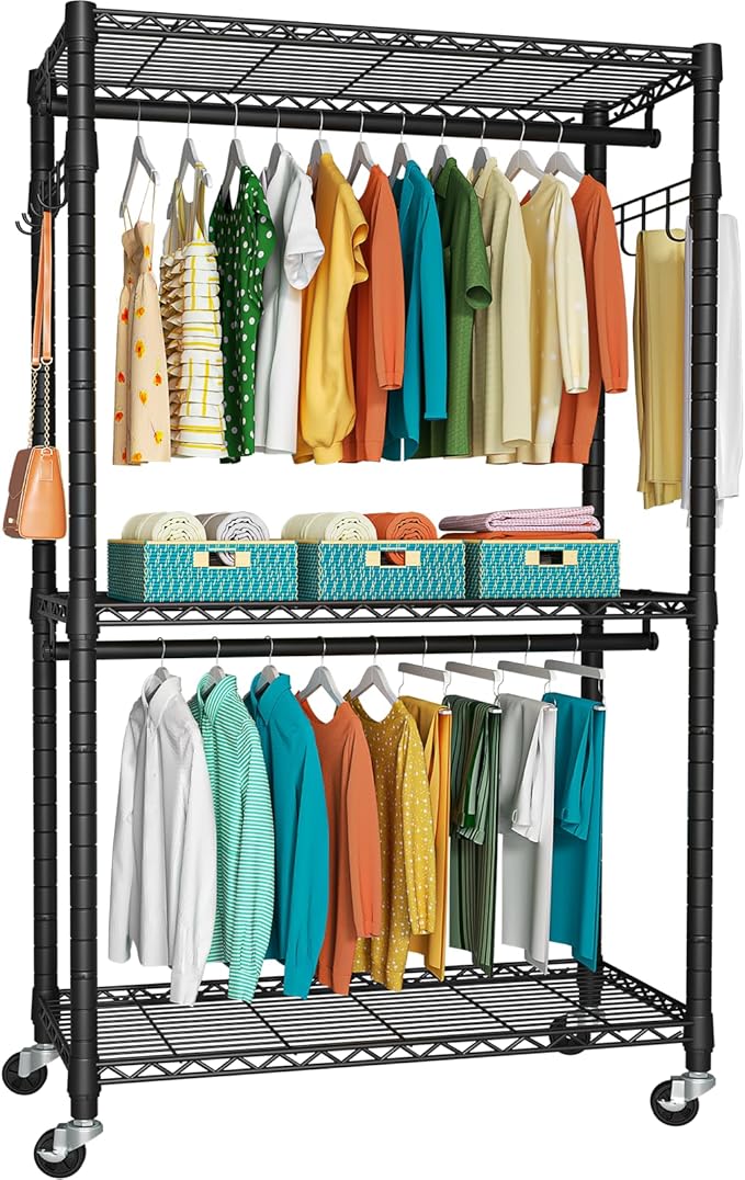 FUTASSI P1 Heavy Duty Garment Rack, 3 Tiers Adjustable Rolling Metal Closet Organizer with Lockable Wheels, FreeStanding Ward