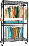 FUTASSI P1 Heavy Duty Garment Rack, 3 Tiers Adjustable Rolling Metal Closet Organizer with Lockable Wheels, FreeStanding Ward