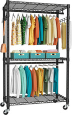 FUTASSI P1 Heavy Duty Garment Rack, 3 Tiers Adjustable Rolling Metal Closet Organizer with Lockable Wheels, FreeStanding Ward
