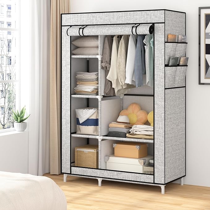 Calmootey Portable Closet Organizers, Clothing Storage, Wardrobe with 6 Shelves and Hanging Rod, Non-Woven Fabric Cover with 
