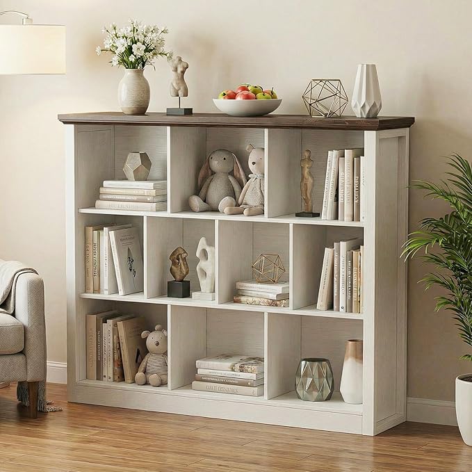 Unikito 10 Cube Storage Book Shelf - 50" Wide Wood Cube Storage Organizer, Wooden 3 Tiers Floor Standing Low Bookcase for Liv