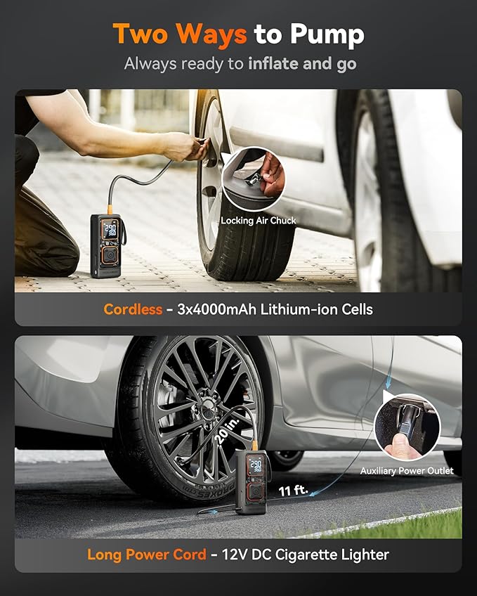 WOLFBOX Cordless Tire Inflator Portable Air Compressor, 150PSI Air Pump for Car Tires, Motorcycle, Bicycle & Ball, with Smart Digital Pressure Gauge, Auto Shut-Off & LED Flashlight