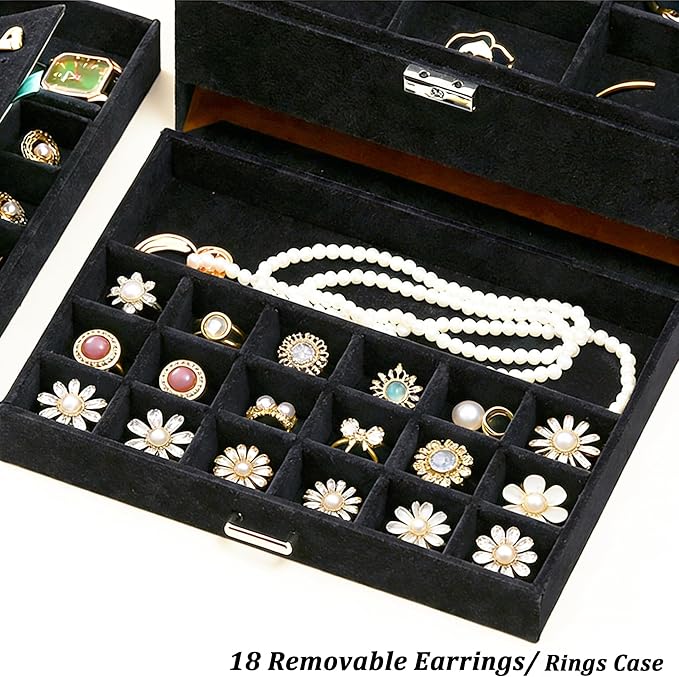 QBestry Jewelry Box for Women with Drawer, 3-Layer Large Jewelry Organizer with Lock & Key, 8 Necklace Hooks & 56 Earring Hol
