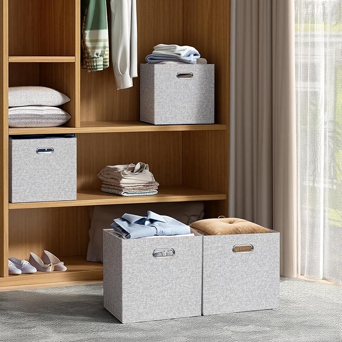 Posprica Collapsible Storage Bins,13×13 Foldable Storage Cube Boxes Fabric Drawer Fabric Storage Bins Vinyl Record Woven Gray