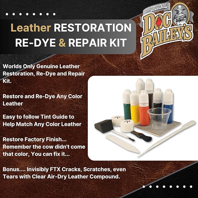 Doc Bailey’s Vinyl & Leather Restoration Re-Dye & Repair-A-Tear Kit - Easy, Effective, and Versatile Leather Repair Solution 