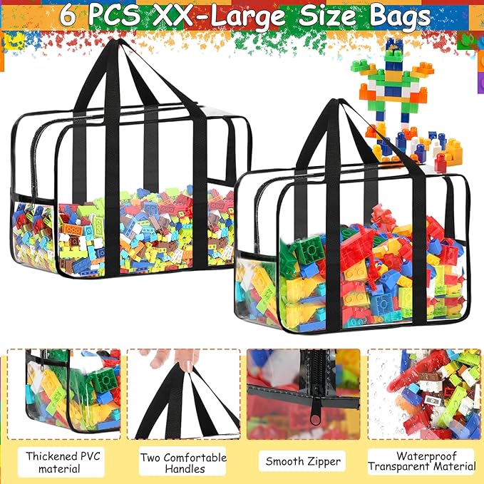 6 Packs XXL Toy Storage Bags 16.5×11.8×6.8In with Labels, Large Capacity Reusable Clear PVC Board Game Storage, Travel Waterp