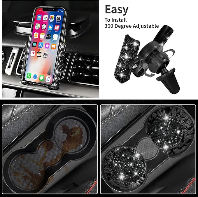 CAR PASS 23 PCS Bling Diamond Car Accessories Set for Women, Leather Seat Covers Full Set Floor Mats Steering Wheel Cover, Coasters Seat Belt Covers Phone Holder Universal Fit Car SUV Truck Van Black