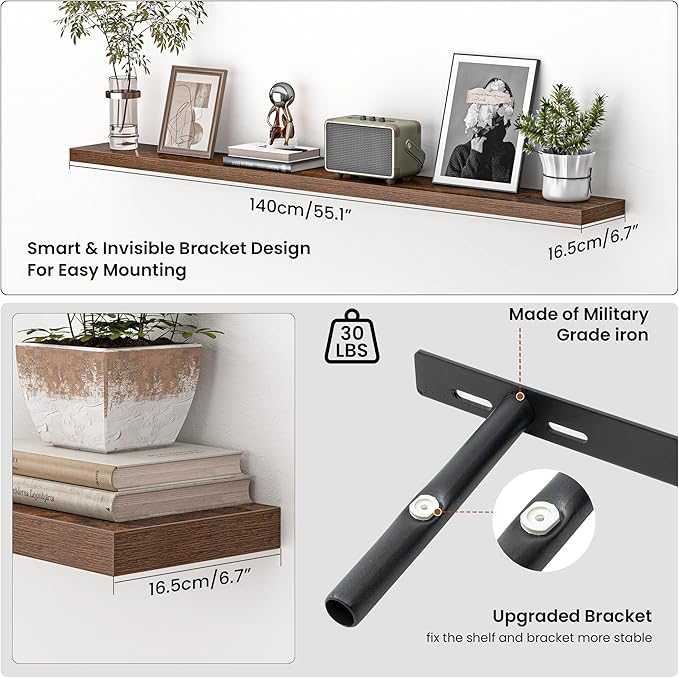 Heimlove 55 Inch Floating Shelves for Wall,Extra Long Mounted Storage Wall Shelves with Invisible Metal Bracket for Bedroom L