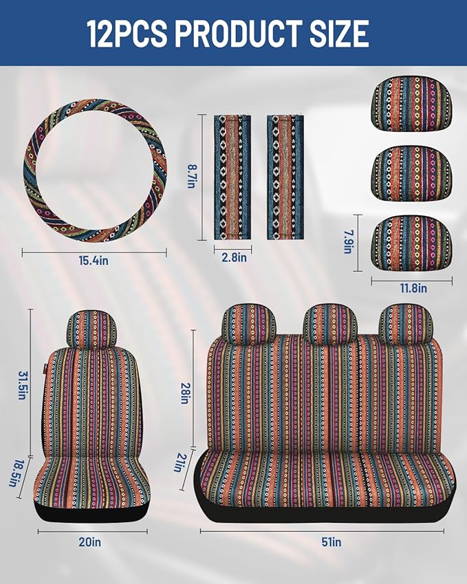 Baja Saddle Blanket Car Seat Covers Front Set, Washable Breathable Striped Woven Cloth Seat Covers for Cars, SUV, Truck, Airb