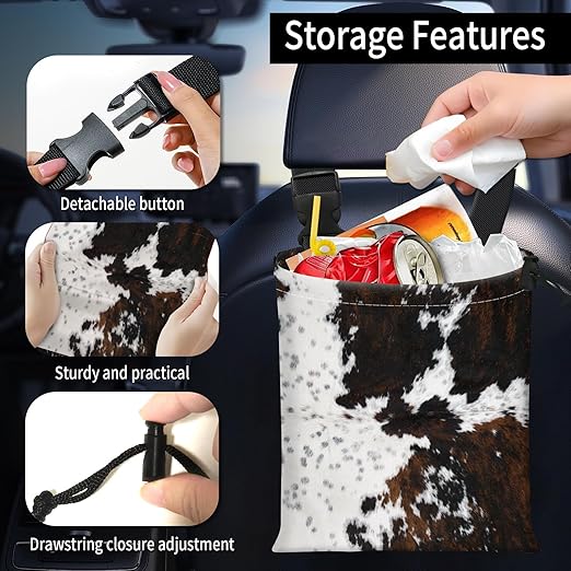 Car Trash Bag Large Hanging Can for Back of Seat, Cute Waterproof Car Garbage Bag for Vehicle, Travelling, Outdoor Retro Cow Print
