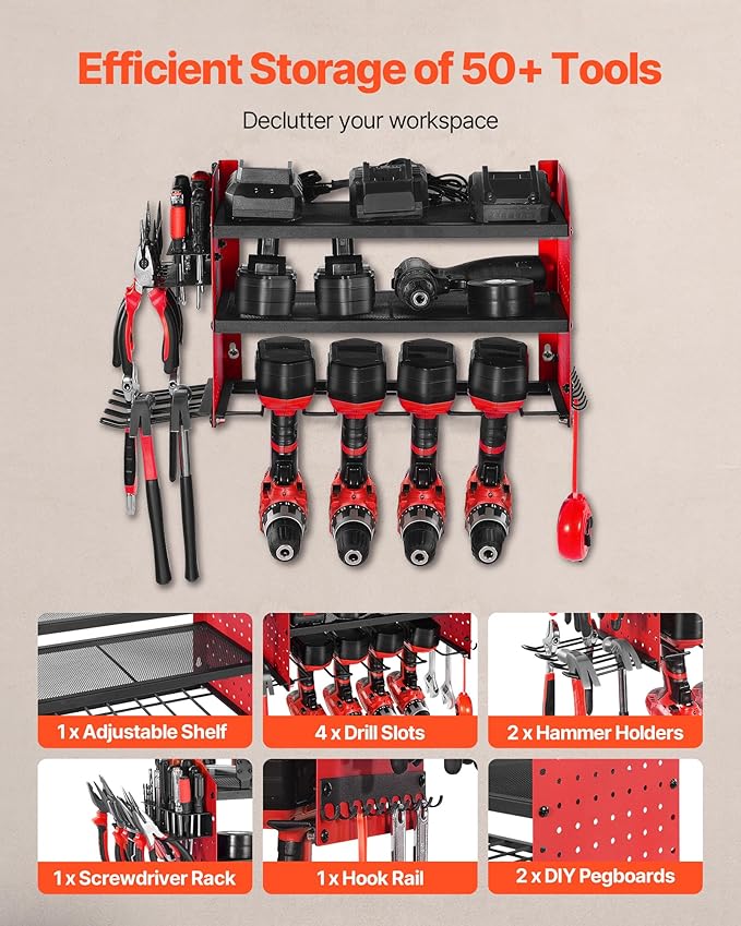 VEVOR Power Tool Organizer Wall Mount, 3-Layer Storage Rack with 4 Drill Holders, Tools Holder and Storage Rack with Side Peg